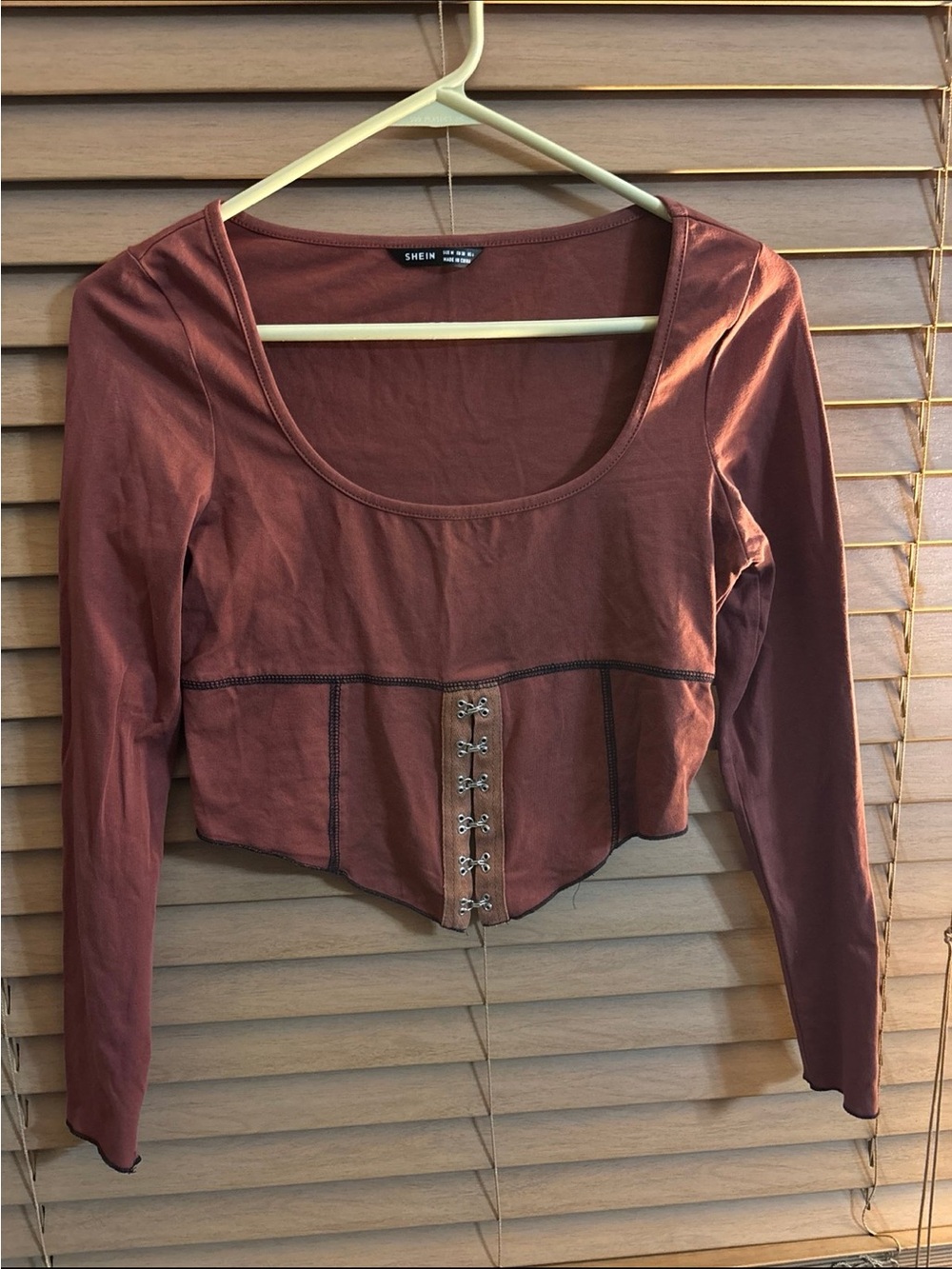 SHEIN Rust Corset-Front Long Sleeve Crop Top